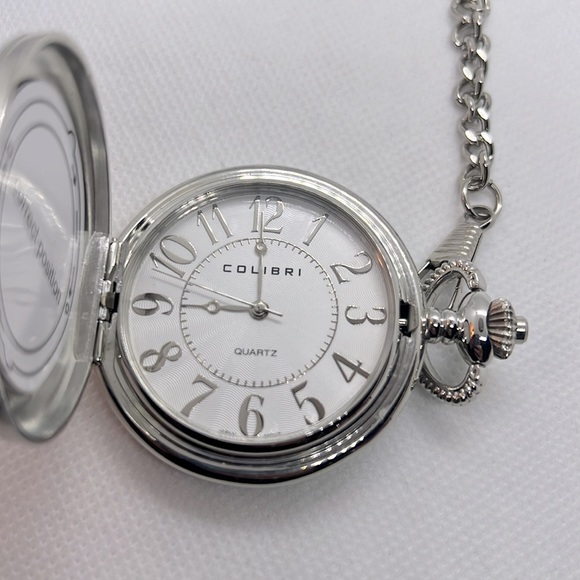 Colibri of London 17 Jewel Pocket Watch, picture frame, chain & Box Silver-tone - Picture 5 of 16